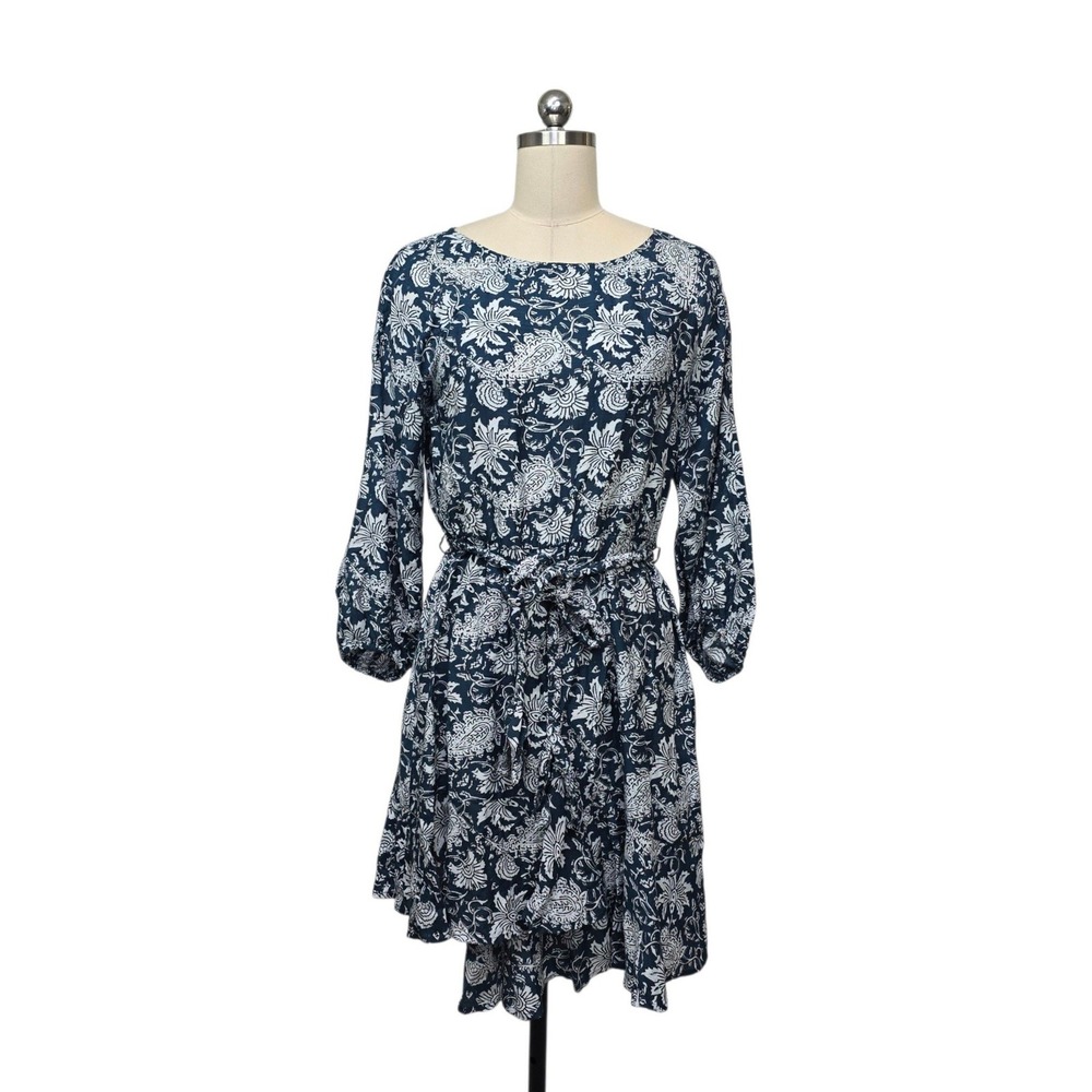 Apiece Apart Navy Blue Floral Paisley Cotton Silk Mini Dress Size 4 Tie Waist